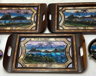 RIO DE JANEIRO GLASS SERVING TRAYS, ASHTRAY, CHRIST THE REDEEMER TRINKET DISHES & WALL HANGING GLASS IS BROKEN IN 1 SERVING TRAY