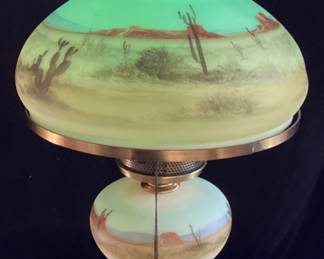 VTG. FENTON BURMESE HURRICANE LAMP w SOUTHWESTERN-DESERT SCENE HAND PAINTED, LIMITED EDITION #49-175 CREATED BY MICHAEL DICKINSON