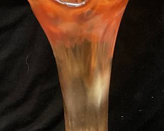 IRIDESCENT CARNIVAL GLASS SWUNG VASE, 11’’H