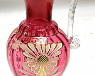 FENTON CRANBERRY HANDPAINTED EWER PITCHER SIGNED BY PAM LAUDERMAN LIMITED EDITION #107/950