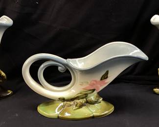 (3) VTG. HULL POTTERY WOODLAND PEDESTAL VASES & CORNUCOPIA