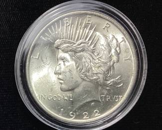 1922 1oz SILVER PEACE DOLLAR, UNGRADED, GC
