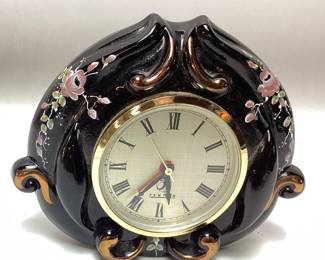 1991 FENTON ART GLASS w HAND PAINTED ROSES DESKTOP TRAVEL CLOCK