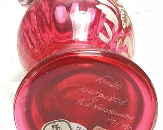 FENTON CRANBERRY HANDPAINTED EWER PITCHER SIGNED BY PAM LAUDERMAN LIMITED EDITION #107/950