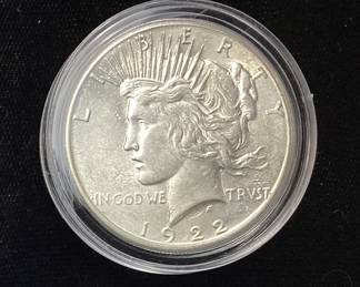 1922-S SILVER PEACE DOLLAR, UNGRADED, VGC