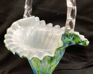 11’’ VTG. FENTON VASA MURRHINA BLUE GREEN ADVENTURINE BASKET