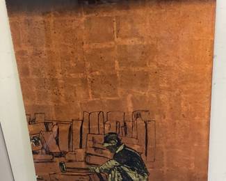 ORIGINAL JACK WHITE GOLD LEAF ‘’ECHRUSEOS’’ RAILROAD WORKER SIGNED PAINTING, 3’ x 4’