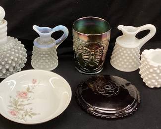 ASSORTED HOBNAIL MILK GLASS, FENTON, 1911-1925 FENTON CARNIVAL GLASS BUTTERFLY TUMBLER (CRACK INSIDE), CASTLE COURT TRINKET DISH