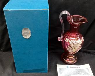 FENTON CRANBERRY HANDPAINTED EWER PITCHER SIGNED BY PAM LAUDERMAN LIMITED EDITION #107/950