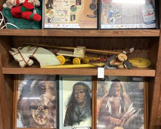 CHOICE SHELF LOT, VTG. ADVERTISING, HAND PAINTED MILK GLASS PITCHER & MUGS, VTG. WOODEN BENCH, NATIVE AMERICAN ART, BASEBALL CARD GROUP, SMALL FURNITURE