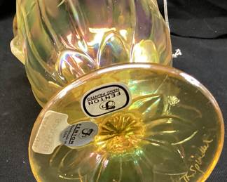 VTG. 9’’ FENTON ART GLASS GOLD BASKET, HAND PAINTED SIGNED J.K.SPINDLE! ALSO HAS GLASS MAKERS MARK ON HANDLES