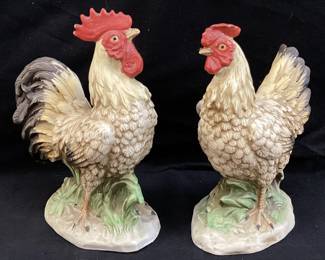 HOMECO ROOSTER & HEN PORCELAIN FIGURINES