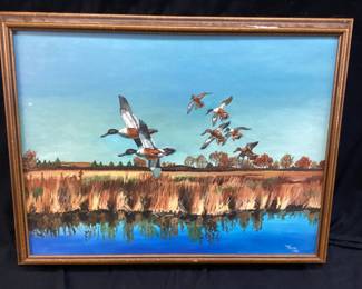 1980 OIL ON CANVAS DUCKS IN FLIGHT BY HOSS
