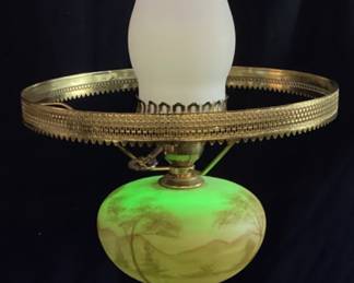 1973 FENTON URANIUM BURMESE STUDENT LAMP, HAND PAINTED MOUNTAIN SCENE, SIGNED BY ARTIST
