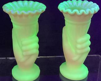 PAIR OF FENTON URANIUM GLASS HAND BUD VASES