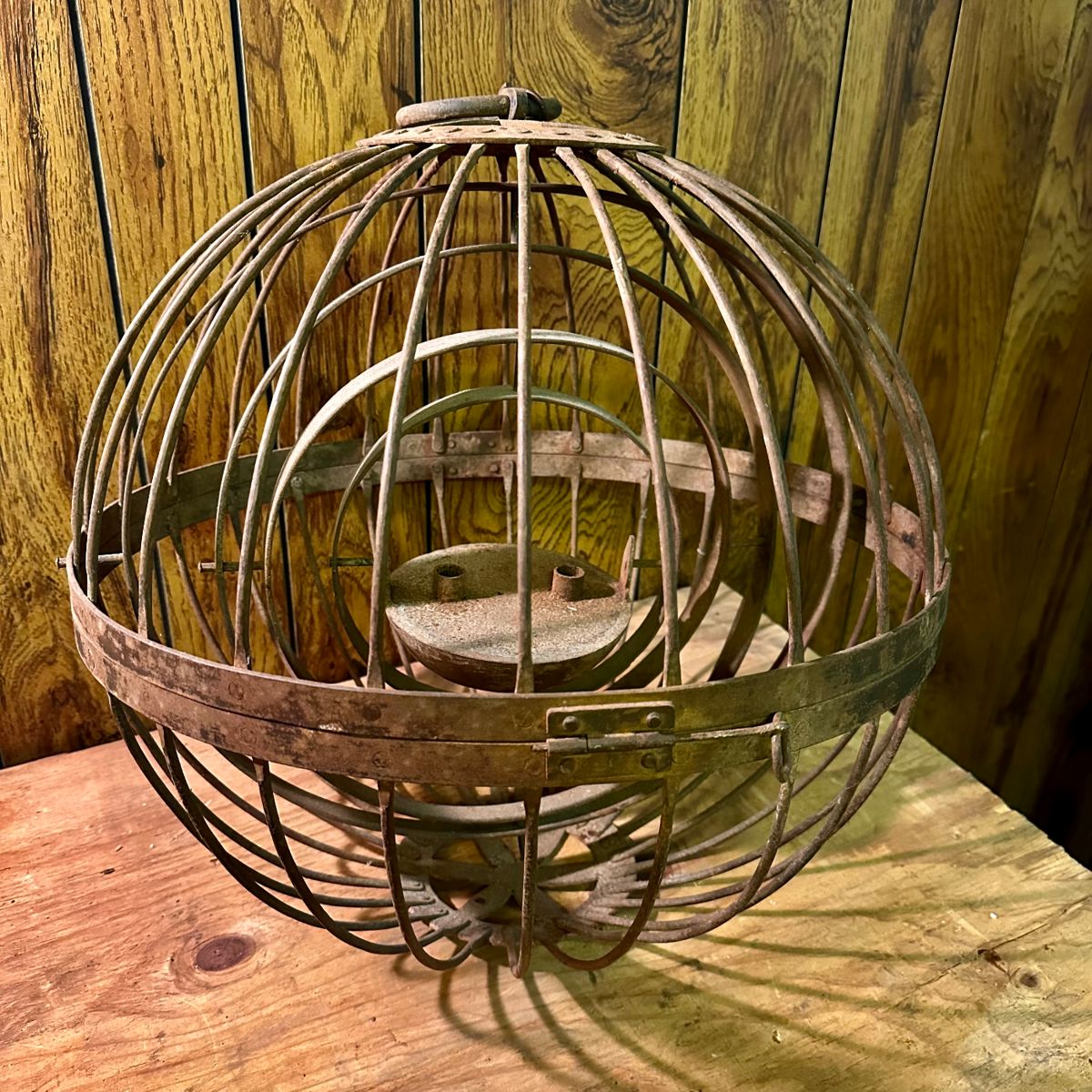 Hard to find—early-mid 1800s iron whale oil ship’s lantern with 4 gimbaled bands—each band moves freely to keep the oil reservoir and flame level at sea—large 18” diameter size