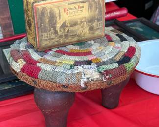 Antique footstool, candy tin