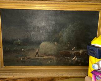 Huge framed oil painting—19th century pastoral scene—hay wagon pulled by ox team. horse and rider, others. Significant damage but restorable. Approximately 4’ by 5’