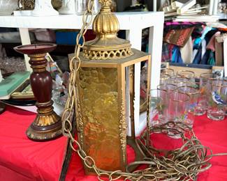 Vintage glass paneled hanging light (plugs in). Has 4 panels, needs 2 more