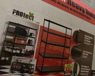 Heavy Duty garage shelving—one in box.
Several assembled shelves also for sale—pick up after sale.