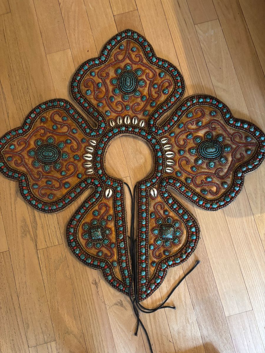 Tibetan Ladakh Coral, turquoise, cowrie shells on hide