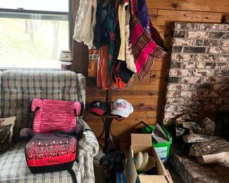 Coat tree with bags/purses for sale, booster seats, hats
