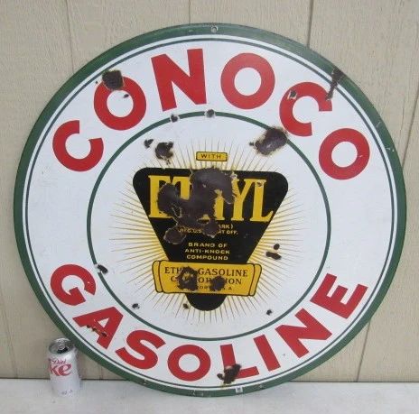 1930's - 1940's - 30" Porcelain Conoco Gasoline Sign - Double Sided - OG Certified Genuine