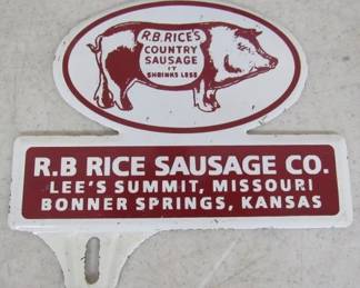 Metal R.B. Rice Sausage Co. License Plate Attachment Lee's Summit, Missouri - Bonner Springs, Kansas