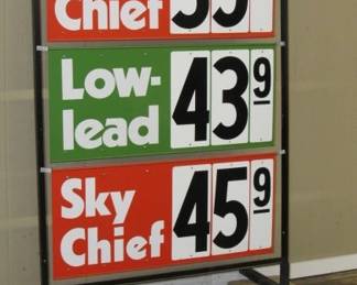 NOS Metal 1960's 3 Sign Texaco Gas Price Sign on Stand Double Sided - 50" Wide & 74" Tall