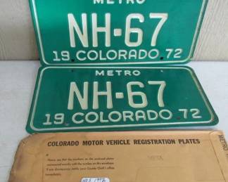 NOS 1972 Debossed Metro Colorado License Plates w/Original Envelope