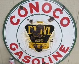 1930's - 1940's - 30" Porcelain Conoco Gasoline Sign - Double Sided - OG Certified Genuine