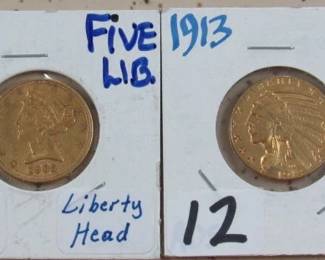 1905-S & 1913 Gold $5.00 Coins