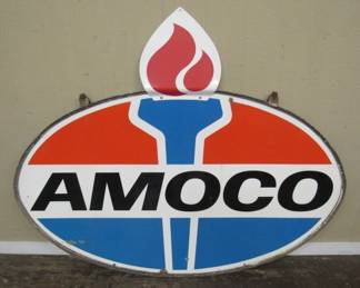 1960's - 1970's Porcelain Amoco Gas sign - Double Sided w/Original Ring - Repo. Flame - 45" x 74"