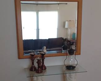 Decorative wall mirror, plaster column glass top table