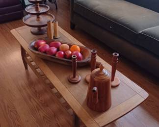 1960's wood coffee table and wooden collectibles