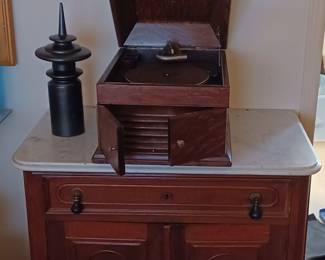 Victorian walnut marble top washstand and table top Victrola.
