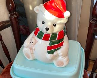 Polar Bear Cookie Jar W/ Vintage Tupperware Container
