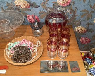 Ruby Red Ball Pitcher W/ Glass Set