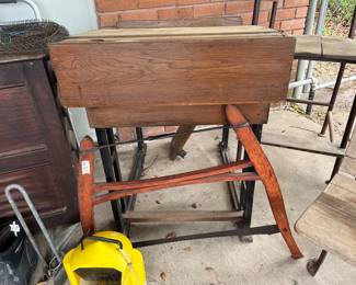Great old bow saw & another antique school desk