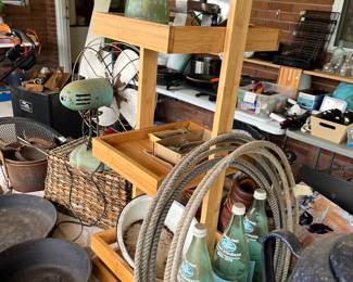 Lasso rope, vintage fan, wooden 3- tier stand