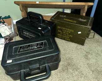 Military ammo box and pair of Case Gard 100 shot gun ammo boxes