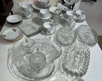 Glass serving pieces & Phoenix China "Pink Dawn" from Japan