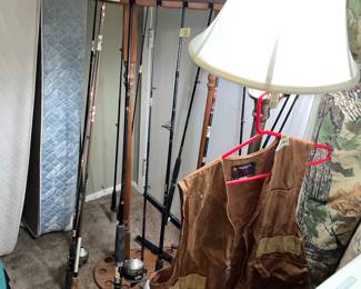 Several nice rods & reels & a great rod and reel rack!