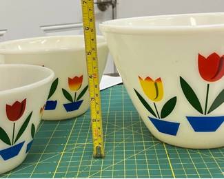 By Appointment AAA Vintage and Art 9017 Airline HWY New Orleans, LA 70118 Vintage Fire King Oven Ware Tulip Milk Glass Mixing Bowls 4 Piece Set AAA2335