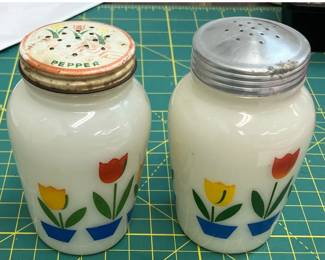 By Appointment AAA Vintage and Art 9017 Airline HWY New Orleans, LA 70118 Vintage Fire King Oven Ware Tulip Milk Glass Salt & Pepper Shaker Set AAA2336