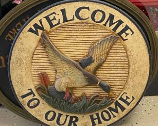 By Appointment AAA Vintage and Art 9017 Airline HWY New Orleans, LA 70118 Monday - Saturday 10-5 LG5202 Welcome to our Home Mallard Duck Circular Round Wooden Bar Sign $40