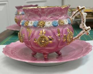 Antique German Hand Painted Pink and 22k Gold Footed Cup & Saucer Set AAA2362 1