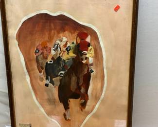 AAA5068 Horse Racing oil on Paper Painting with Tickets Local Pickup
