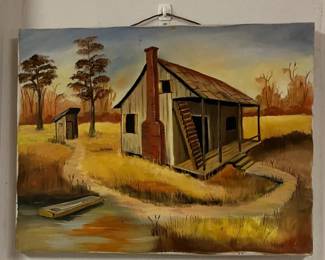 Acrylic Rustic Cabin with Outhouse Signed by Hess AAA1003 $20 By Appointment AAA Vintage and Art 9017 Airline HWY New Orleans, LA 70118