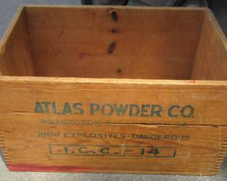 Vintage Atlas Power Co. box (dove tailed) no lid. Located in the garage.